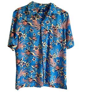 Havana Jim Button Down Short Sleeve  Blue Tropical Print Shirt Men's Medium NEW